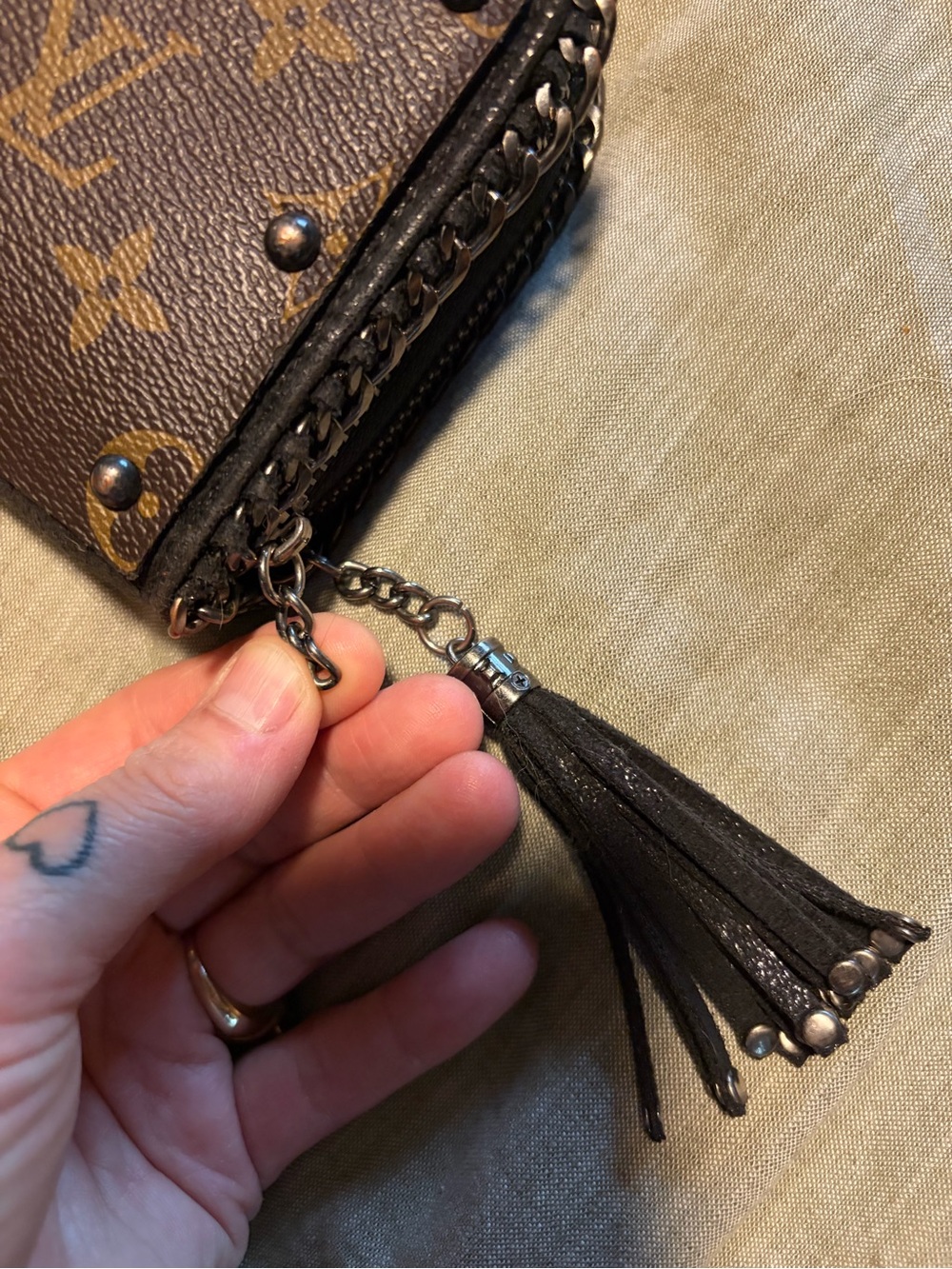 Repurposed Luis Vuitton Brown Monogram Crossbody Bag with Studs and Tassel - Picture 2 of 13